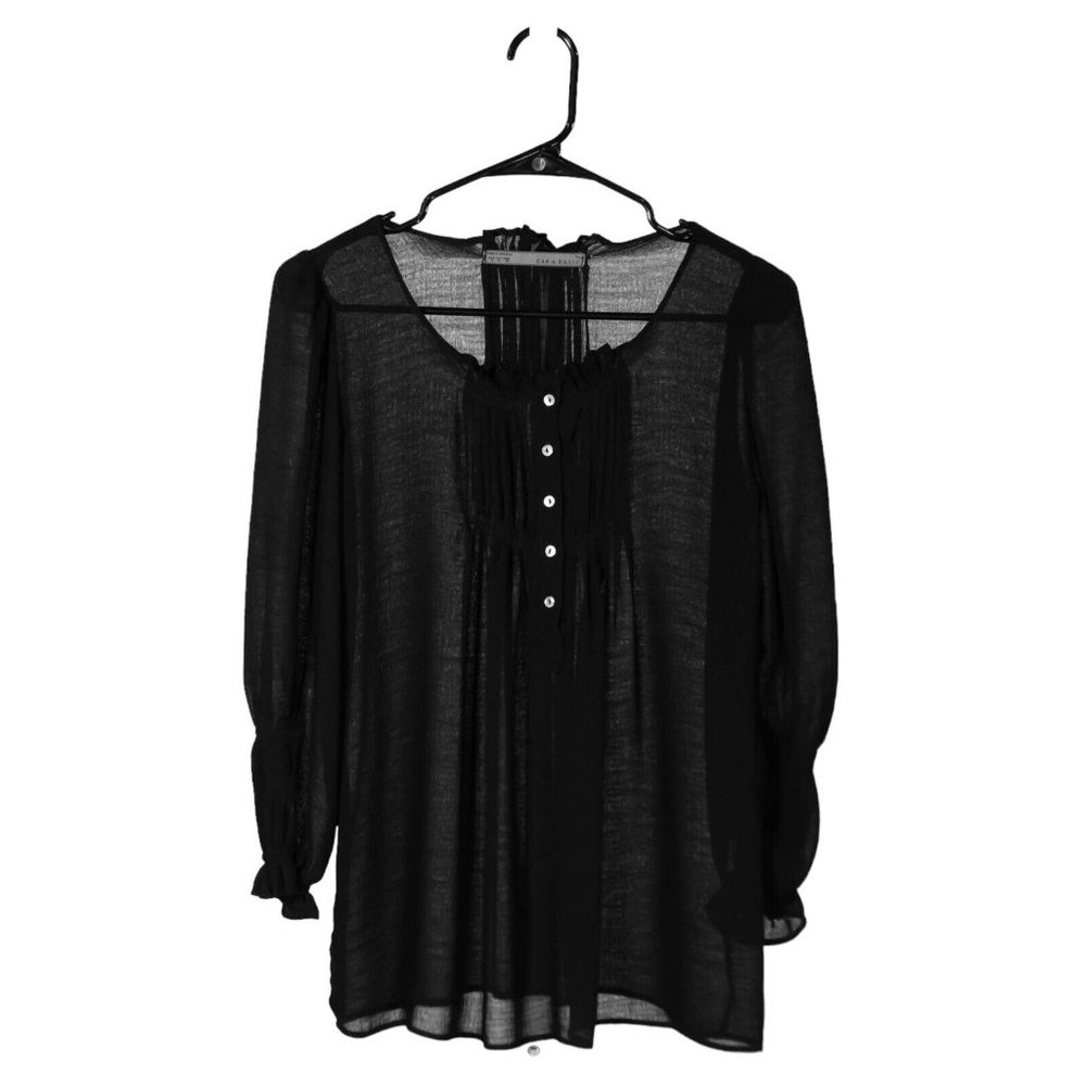 Zara Women's Blouse Black Pleated Button Sheer Ruffle Long Sleeve Shirt Top S